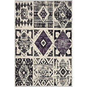 Mutfak Halısı – Pamuk Dokuma Taban Halı – Mor; Siyah; Krem – Yamalı Desen, Makinede Yıkanabilir, Kolay Temizlenebilir, Toz Ve Tüy Tutmaz, Kaymaz, Evcil Hayvan Dostu 160x230 cm