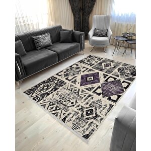 Mutfak Halısı – Pamuk Dokuma Taban Halı – Mor; Siyah; Krem – Yamalı Desen, Makinede Yıkanabilir, Kolay Temizlenebilir, Toz Ve Tüy Tutmaz, Kaymaz, Evcil Hayvan Dostu 160x230 cm