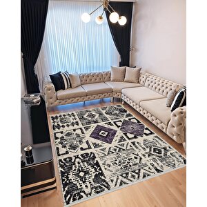 Mutfak Halısı – Pamuk Dokuma Taban Halı – Mor; Siyah; Krem – Yamalı Desen, Makinede Yıkanabilir, Kolay Temizlenebilir, Toz Ve Tüy Tutmaz, Kaymaz, Evcil Hayvan Dostu 160x230 cm