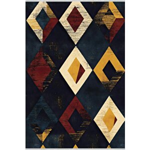Oturma Odası Halısı – Lacivert; Sarı; Kırmızı; Krem – Geometrik Desen, Eskitilmiş Görünümlü Tasarım, Makinede Yıkanabilir, Kolay Temizlenebilir, Toz Ve Tüy Tutmaz, Kaymaz, Evcil Hayvan Dostu 200x220 cm