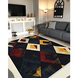 Oturma Odası Halısı – Lacivert; Sarı; Kırmızı; Krem – Geometrik Desen, Eskitilmiş Görünümlü Tasarım, Makinede Yıkanabilir, Kolay Temizlenebilir, Toz Ve Tüy Tutmaz, Kaymaz, Evcil Hayvan Dostu 200x220 cm