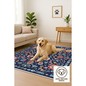 Pamuk Dokuma Taban Halı – Lacivert; Kırmızı; Sarı; Mavi – Geleneksel Floral Tasarım, Eskitilmiş Görünüm, Makinede Yıkanabilir, Kolay Temizlenebilir, Toz Ve Tüy Tutmaz, Kaymaz, Evcil Hayvan Dostu
