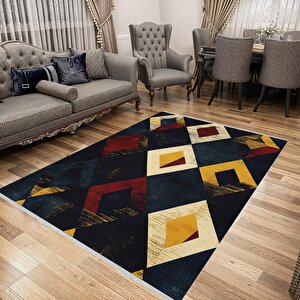 Oturma Odası Halısı – Lacivert; Sarı; Kırmızı; Krem – Geometrik Desen, Eskitilmiş Görünümlü Tasarım, Makinede Yıkanabilir, Kolay Temizlenebilir, Toz Ve Tüy Tutmaz, Kaymaz, Evcil Hayvan Dostu 150x300 cm