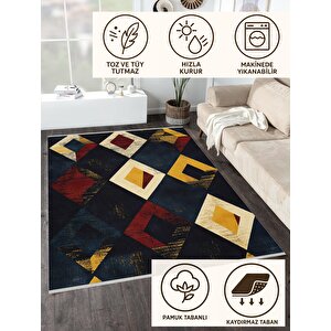Oturma Odası Halısı – Lacivert; Sarı; Kırmızı; Krem – Geometrik Desen, Eskitilmiş Görünümlü Tasarım, Makinede Yıkanabilir, Kolay Temizlenebilir, Toz Ve Tüy Tutmaz, Kaymaz, Evcil Hayvan Dostu