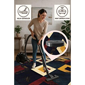 Oturma Odası Halısı – Lacivert; Sarı; Kırmızı; Krem – Geometrik Desen, Eskitilmiş Görünümlü Tasarım, Makinede Yıkanabilir, Kolay Temizlenebilir, Toz Ve Tüy Tutmaz, Kaymaz, Evcil Hayvan Dostu