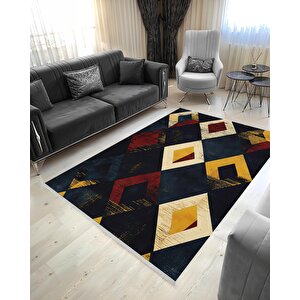 Oturma Odası Halısı – Lacivert; Sarı; Kırmızı; Krem – Geometrik Desen, Eskitilmiş Görünümlü Tasarım, Makinede Yıkanabilir, Kolay Temizlenebilir, Toz Ve Tüy Tutmaz, Kaymaz, Evcil Hayvan Dostu