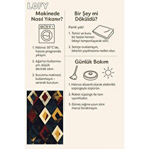 Oturma Odası Halısı – Lacivert; Sarı; Kırmızı; Krem – Geometrik Desen, Eskitilmiş Görünümlü Tasarım, Makinede Yıkanabilir, Kolay Temizlenebilir, Toz Ve Tüy Tutmaz, Kaymaz, Evcil Hayvan Dostu