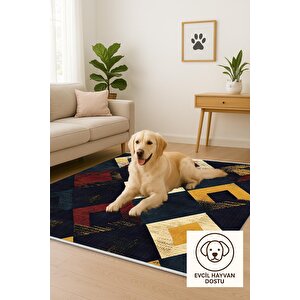 Oturma Odası Halısı – Lacivert; Sarı; Kırmızı; Krem – Geometrik Desen, Eskitilmiş Görünümlü Tasarım, Makinede Yıkanabilir, Kolay Temizlenebilir, Toz Ve Tüy Tutmaz, Kaymaz, Evcil Hayvan Dostu