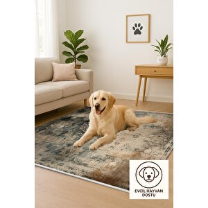 Halı – Kahverengi; Krem – Eskitilmiş Görünümlü Tasarım, Makinede Yıkanabilir, Kolay Temizlenebilir, Toz Ve Tüy Tutmaz, Kaymaz, Evcil Hayvan Dostu 200x220 cm