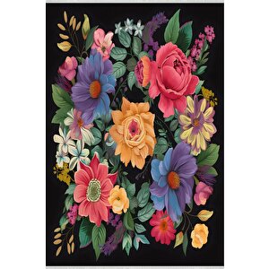 Mutfak Halısı – Siyah; Sarı; Pembe; Mor; Yeşil – Çiçekli Desen, Makinede Yıkanabilir, Kolay Temizlenebilir, Toz Ve Tüy Tutmaz, Kaymaz, Evcil Hayvan Dostu