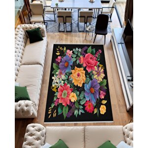 Mutfak Halısı – Siyah; Sarı; Pembe; Mor; Yeşil – Çiçekli Desen, Makinede Yıkanabilir, Kolay Temizlenebilir, Toz Ve Tüy Tutmaz, Kaymaz, Evcil Hayvan Dostu