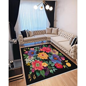 Mutfak Halısı – Siyah; Sarı; Pembe; Mor; Yeşil – Çiçekli Desen, Makinede Yıkanabilir, Kolay Temizlenebilir, Toz Ve Tüy Tutmaz, Kaymaz, Evcil Hayvan Dostu