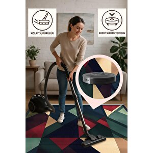 Pamuk Dokuma Taban Halı – Lacivert; Kırmızı; Yeşil; Sarı – Geometrik Desen, Makinede Yıkanabilir, Kolay Temizlenebilir, Toz Ve Tüy Tutmaz, Kaymaz, Evcil Hayvan Dostu