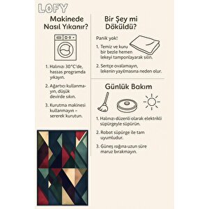Pamuk Dokuma Taban Halı – Lacivert; Kırmızı; Yeşil; Sarı – Geometrik Desen, Makinede Yıkanabilir, Kolay Temizlenebilir, Toz Ve Tüy Tutmaz, Kaymaz, Evcil Hayvan Dostu