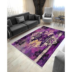 Pamuk Dokuma Taban Halı – Mor; Siyah; Bej – Eskitilmiş Görünümlü Soyut Desen, Makinede Yıkanabilir, Kolay Temizlenebilir, Toz Ve Tüy Tutmaz, Kaymaz, Evcil Hayvan Dostu 100x180 cm