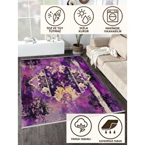 Pamuk Dokuma Taban Halı – Mor; Siyah; Bej – Eskitilmiş Görünümlü Soyut Desen, Makinede Yıkanabilir, Kolay Temizlenebilir, Toz Ve Tüy Tutmaz, Kaymaz, Evcil Hayvan Dostu