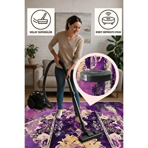 Pamuk Dokuma Taban Halı – Mor; Siyah; Bej – Eskitilmiş Görünümlü Soyut Desen, Makinede Yıkanabilir, Kolay Temizlenebilir, Toz Ve Tüy Tutmaz, Kaymaz, Evcil Hayvan Dostu