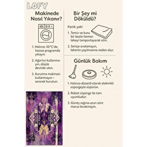 Pamuk Dokuma Taban Halı – Mor; Siyah; Bej – Eskitilmiş Görünümlü Soyut Desen, Makinede Yıkanabilir, Kolay Temizlenebilir, Toz Ve Tüy Tutmaz, Kaymaz, Evcil Hayvan Dostu
