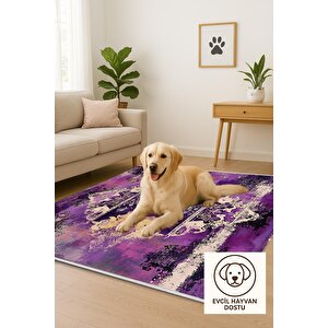 Pamuk Dokuma Taban Halı – Mor; Siyah; Bej – Eskitilmiş Görünümlü Soyut Desen, Makinede Yıkanabilir, Kolay Temizlenebilir, Toz Ve Tüy Tutmaz, Kaymaz, Evcil Hayvan Dostu