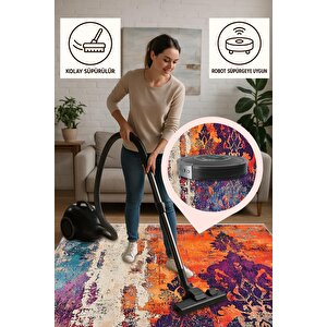 Pamuk Dokuma Taban Halı – Mor; Turuncu; Krem; Mavi – Barok Desen, Makinede Yıkanabilir, Kolay Temizlenebilir, Toz Ve Tüy Tutmaz, Kaymaz, Evcil Hayvan Dostu