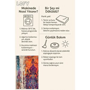Pamuk Dokuma Taban Halı – Mor; Turuncu; Krem; Mavi – Barok Desen, Makinede Yıkanabilir, Kolay Temizlenebilir, Toz Ve Tüy Tutmaz, Kaymaz, Evcil Hayvan Dostu