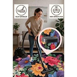 Mutfak Halısı – Siyah; Sarı; Pembe; Mor; Yeşil – Çiçekli Desen, Makinede Yıkanabilir, Kolay Temizlenebilir, Toz Ve Tüy Tutmaz, Kaymaz, Evcil Hayvan Dostu