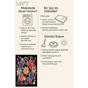 Mutfak Halısı – Siyah; Sarı; Pembe; Mor; Yeşil – Çiçekli Desen, Makinede Yıkanabilir, Kolay Temizlenebilir, Toz Ve Tüy Tutmaz, Kaymaz, Evcil Hayvan Dostu