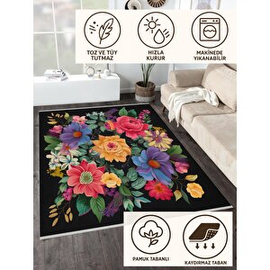 Mutfak Halısı – Siyah; Sarı; Pembe; Mor; Yeşil – Çiçekli Desen, Makinede Yıkanabilir, Kolay Temizlenebilir, Toz Ve Tüy Tutmaz, Kaymaz, Evcil Hayvan Dostu