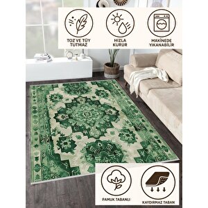 Pamuk Dokuma Taban Halı – Yeşil; Krem – Oriental Desen, Makinede Yıkanabilir, Kolay Temizlenebilir, Toz Ve Tüy Tutmaz, Kaymaz, Evcil Hayvan Dostu