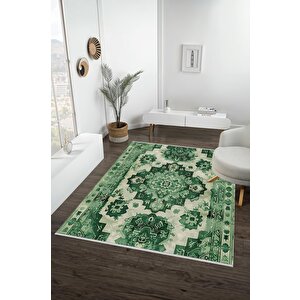 Pamuk Dokuma Taban Halı – Yeşil; Krem – Oriental Desen, Makinede Yıkanabilir, Kolay Temizlenebilir, Toz Ve Tüy Tutmaz, Kaymaz, Evcil Hayvan Dostu