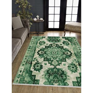 Pamuk Dokuma Taban Halı – Yeşil; Krem – Oriental Desen, Makinede Yıkanabilir, Kolay Temizlenebilir, Toz Ve Tüy Tutmaz, Kaymaz, Evcil Hayvan Dostu