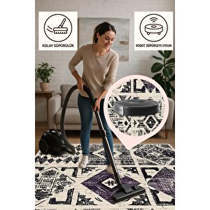 Mutfak Halısı – Pamuk Dokuma Taban Halı – Mor; Siyah; Krem – Yamalı Desen, Makinede Yıkanabilir, Kolay Temizlenebilir, Toz Ve Tüy Tutmaz, Kaymaz, Evcil Hayvan Dostu