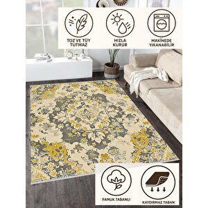 Pamuk Dokuma Taban Halı – Yeşil; Sarı; Krem – Geleneksel Desen, Makinede Yıkanabilir, Kolay Temizlenebilir, Toz Ve Tüy Tutmaz, Kaymaz, Evcil Hayvan Dostu 120x270 cm
