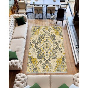 Pamuk Dokuma Taban Halı – Yeşil; Sarı; Krem – Geleneksel Desen, Makinede Yıkanabilir, Kolay Temizlenebilir, Toz Ve Tüy Tutmaz, Kaymaz, Evcil Hayvan Dostu 120x270 cm