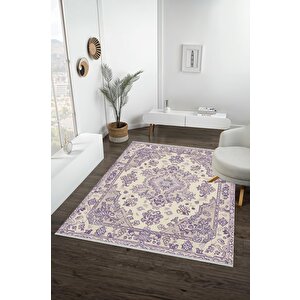 Oturma Odası Halısı – Mor; Krem – Oriental Desen, Makinede Yıkanabilir, Kolay Temizlenebilir, Toz Ve Tüy Tutmaz, Kaymaz, Evcil Hayvan Dostu 100x100 cm
