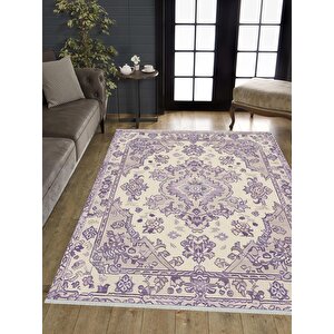 Oturma Odası Halısı – Mor; Krem – Oriental Desen, Makinede Yıkanabilir, Kolay Temizlenebilir, Toz Ve Tüy Tutmaz, Kaymaz, Evcil Hayvan Dostu 100x100 cm