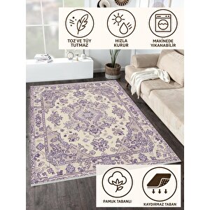 Oturma Odası Halısı – Mor; Krem – Oriental Desen, Makinede Yıkanabilir, Kolay Temizlenebilir, Toz Ve Tüy Tutmaz, Kaymaz, Evcil Hayvan Dostu