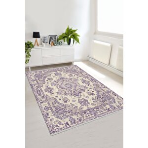 Oturma Odası Halısı – Mor; Krem – Oriental Desen, Makinede Yıkanabilir, Kolay Temizlenebilir, Toz Ve Tüy Tutmaz, Kaymaz, Evcil Hayvan Dostu