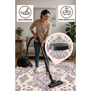 Oturma Odası Halısı – Mor; Krem – Oriental Desen, Makinede Yıkanabilir, Kolay Temizlenebilir, Toz Ve Tüy Tutmaz, Kaymaz, Evcil Hayvan Dostu