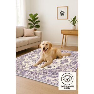 Oturma Odası Halısı – Mor; Krem – Oriental Desen, Makinede Yıkanabilir, Kolay Temizlenebilir, Toz Ve Tüy Tutmaz, Kaymaz, Evcil Hayvan Dostu