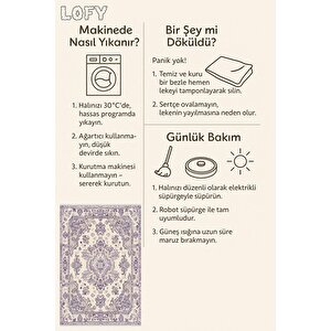 Oturma Odası Halısı – Mor; Krem – Oriental Desen, Makinede Yıkanabilir, Kolay Temizlenebilir, Toz Ve Tüy Tutmaz, Kaymaz, Evcil Hayvan Dostu