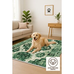 Pamuk Dokuma Taban Halı – Yeşil; Krem – Oriental Desen, Makinede Yıkanabilir, Kolay Temizlenebilir, Toz Ve Tüy Tutmaz, Kaymaz, Evcil Hayvan Dostu 200x270 cm