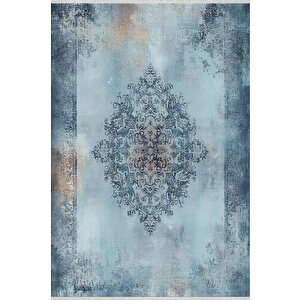 Pamuk Dokuma Taban Halı – Mavi; Lacivert; Gri – Eskitilmiş Görünümlü Oriental Desen, Makinede Yıkanabilir, Kolay Temizlenebilir, Toz Ve Tüy Tutmaz, Kaymaz, Evcil Hayvan Dostu 200x220 cm