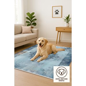 Pamuk Dokuma Taban Halı – Mavi; Lacivert; Gri – Eskitilmiş Görünümlü Oriental Desen, Makinede Yıkanabilir, Kolay Temizlenebilir, Toz Ve Tüy Tutmaz, Kaymaz, Evcil Hayvan Dostu 200x220 cm