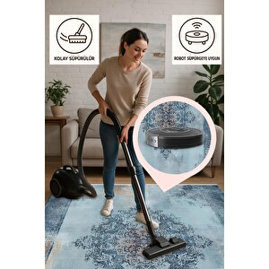 Pamuk Dokuma Taban Halı – Mavi; Lacivert; Gri – Eskitilmiş Görünümlü Oriental Desen, Makinede Yıkanabilir, Kolay Temizlenebilir, Toz Ve Tüy Tutmaz, Kaymaz, Evcil Hayvan Dostu