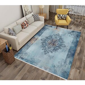 Pamuk Dokuma Taban Halı – Mavi; Lacivert; Gri – Eskitilmiş Görünümlü Oriental Desen, Makinede Yıkanabilir, Kolay Temizlenebilir, Toz Ve Tüy Tutmaz, Kaymaz, Evcil Hayvan Dostu