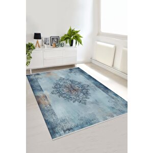 Pamuk Dokuma Taban Halı – Mavi; Lacivert; Gri – Eskitilmiş Görünümlü Oriental Desen, Makinede Yıkanabilir, Kolay Temizlenebilir, Toz Ve Tüy Tutmaz, Kaymaz, Evcil Hayvan Dostu