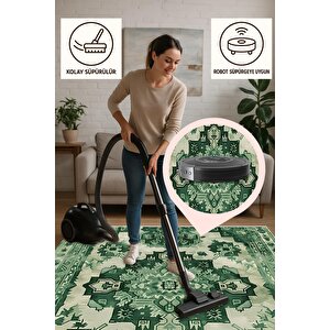 Pamuk Dokuma Taban Halı – Yeşil; Krem – Oriental Desen, Makinede Yıkanabilir, Kolay Temizlenebilir, Toz Ve Tüy Tutmaz, Kaymaz, Evcil Hayvan Dostu