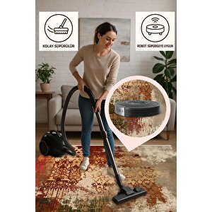 Pamuk Dokuma Taban Halı – Kırmızı; Yeşil; Bej – Eskitilmiş Görünümlü Abstract Desen, Makinede Yıkanabilir, Kolay Temizlenebilir, Toz Ve Tüy Tutmaz, Kaymaz, Evcil Hayvan Dostu