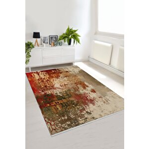 Pamuk Dokuma Taban Halı – Kırmızı; Yeşil; Bej – Eskitilmiş Görünümlü Abstract Desen, Makinede Yıkanabilir, Kolay Temizlenebilir, Toz Ve Tüy Tutmaz, Kaymaz, Evcil Hayvan Dostu